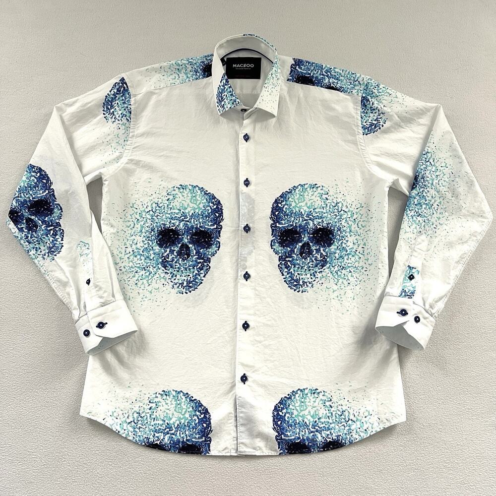 Maceoo Men Fibonacci Blue Skull Splatter Paint Long Sleeve Button Shirt 4/L